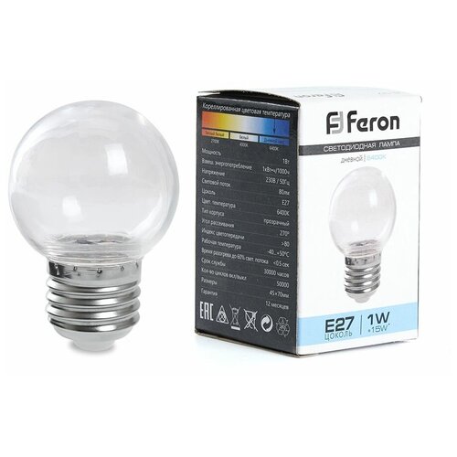 Feron  /  G45 E27 1W(80Lm) 6400K . 70x45 /   LB-37 38120,  107