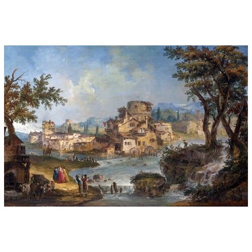         (Buildings and Figures near a River with Rapids)   60. x 40.,  1950