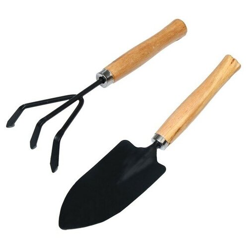 Набор садового инструмента, 2 предмета: рыхлитель, совок, длина 26 см, деревянные ручки, цена 400р