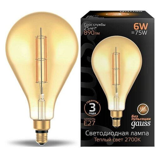 Gauss  LED Vintage Filament Straight PS160 6W E27 160290mm Amber 890lm 2700K 1/6 179802118,  1430