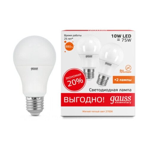 Gauss  LED Elementary A60 10W E27 2700K (2   ) 3  (. 23210P),  606