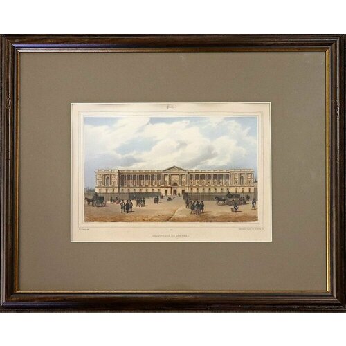 Антикварная гравюра Париж, колоннада Лувра, Франция, 19 век, цена 16500р