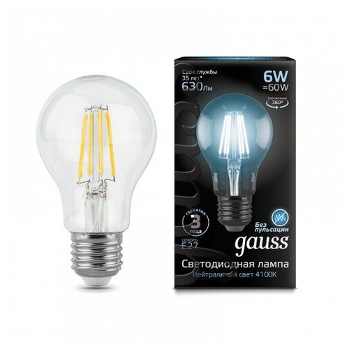 Gauss  Filament 60 6W 630lm 4100 27 LED,  399