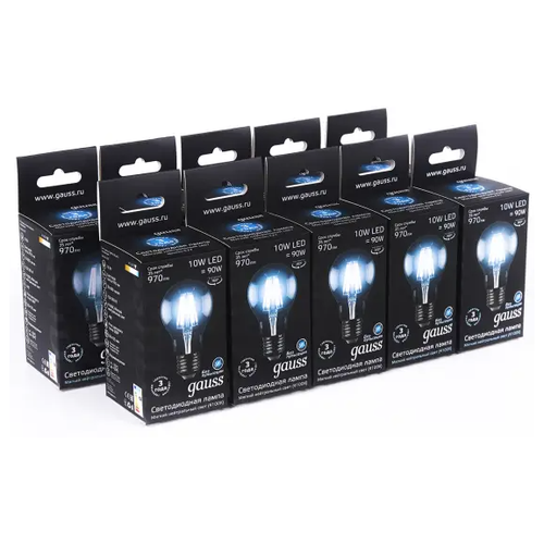     Gauss Black Filament LED A60 E27 10W 4100K 102802210 x10,  2050 gauss