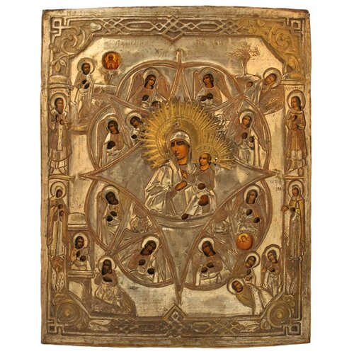 Икона живописная БМ Неопалимая Купина 30х38 оклад 19 век #168331, цена 38320р